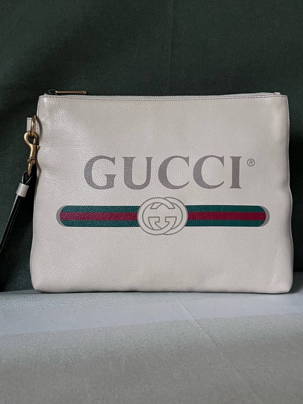 Gucci Logo Print Large Wristlet Ivory